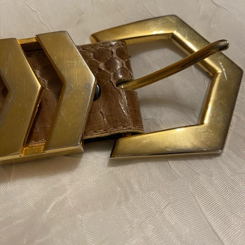 Vintage genuine snake skin arrow gold buckle belt L